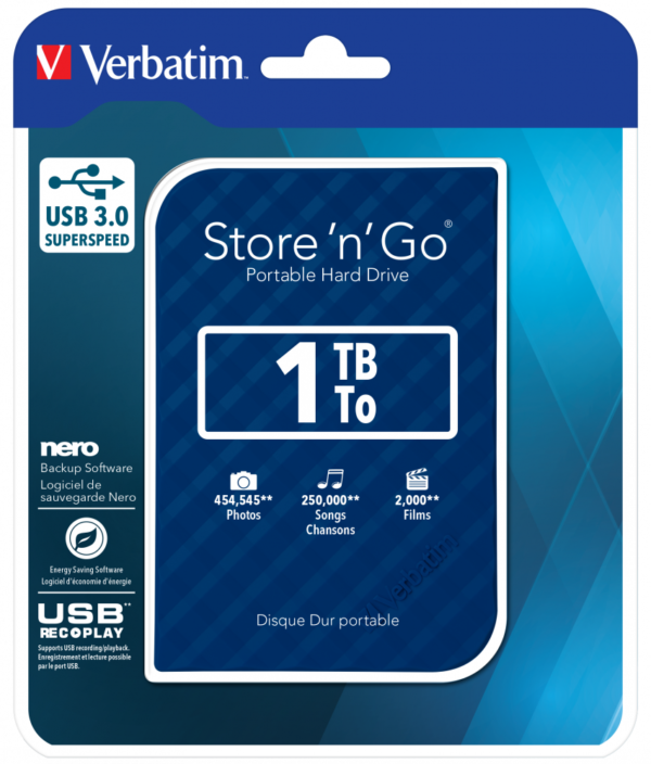 Verbatim Store and Go 2.5" Gen 2 1TB USB 3.0 Blue + Free Croxley Half Strip Stapler