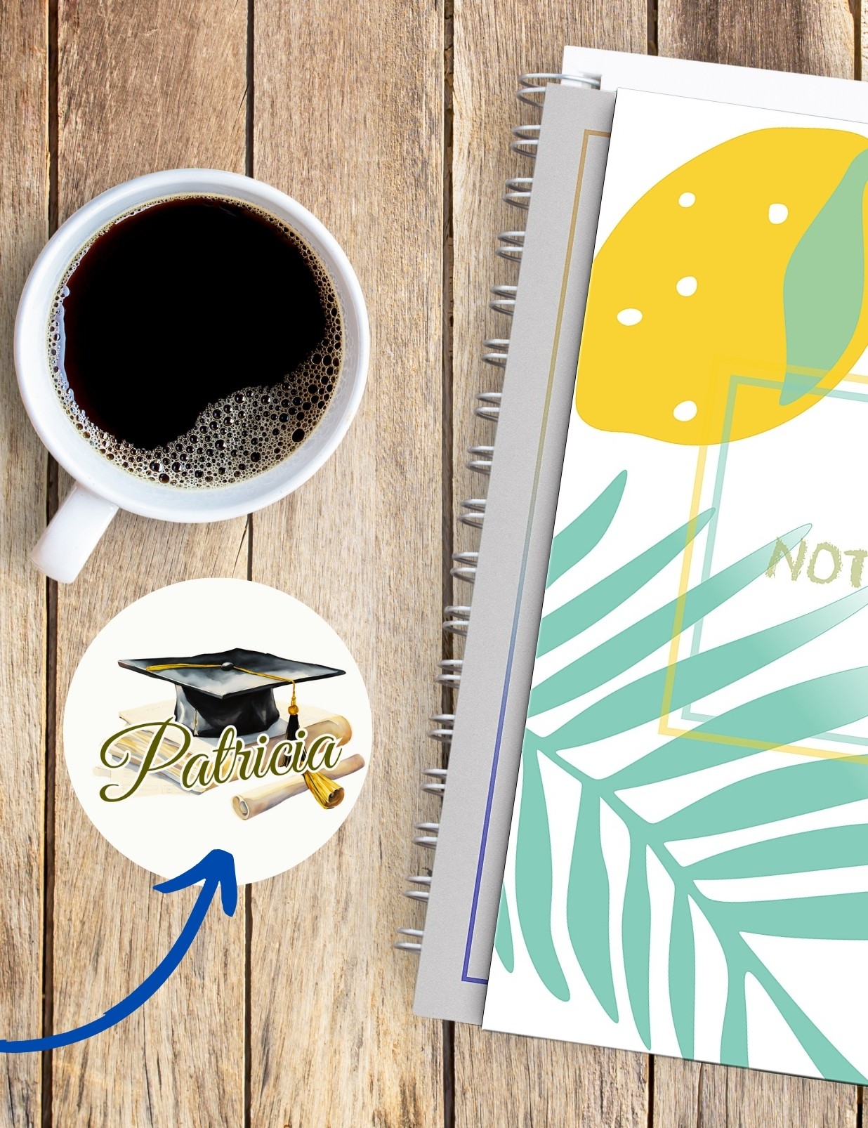 Personalized graduation coaster with a custom name, featuring a graduation cap, diploma scroll, and books, ideal as a graduation gift.