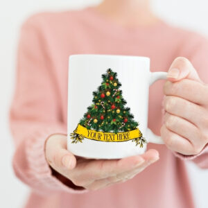 Ceramic Christmas mug featuring a beautifully decorated Christmas tree with baubles and tinsel, perfect for adding holiday spirit to festive drinks.