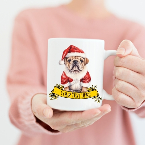 Ceramic Christmas mug featuring a cute boxer puppy wearing a red Santa hat and Santa top, ideal for festive holiday beverages